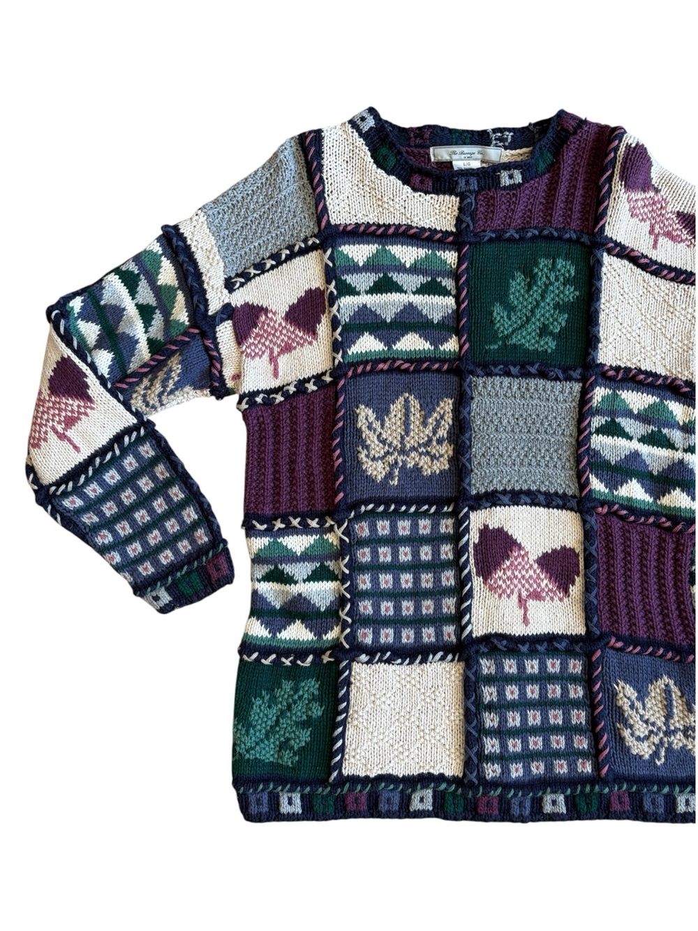 Vintage Patchwork Knit Sweater in Navy, Green, Cream & Plum